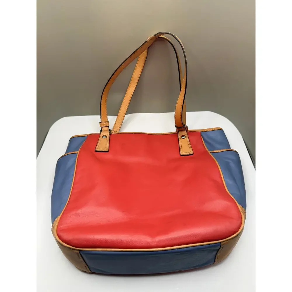 Coach F23683 Park Color Block Leather Tote Shoulder Bag Red Blue Tan